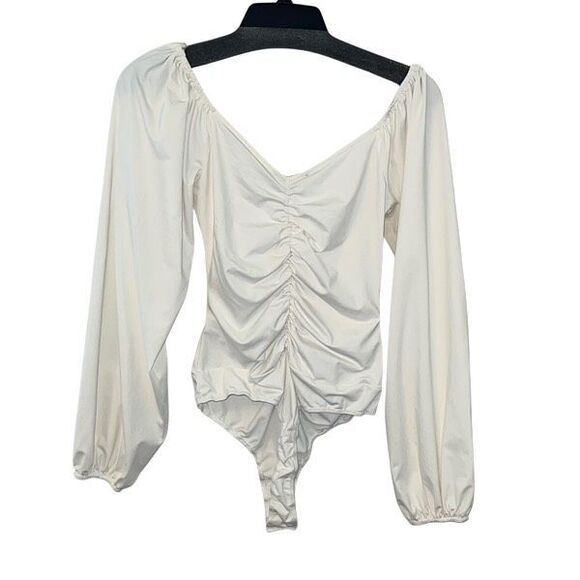 Lulus Womens V-Neck Ruched Stretch Long‎ Sleeve Bodysuit White Medium - Picture 3 of 7